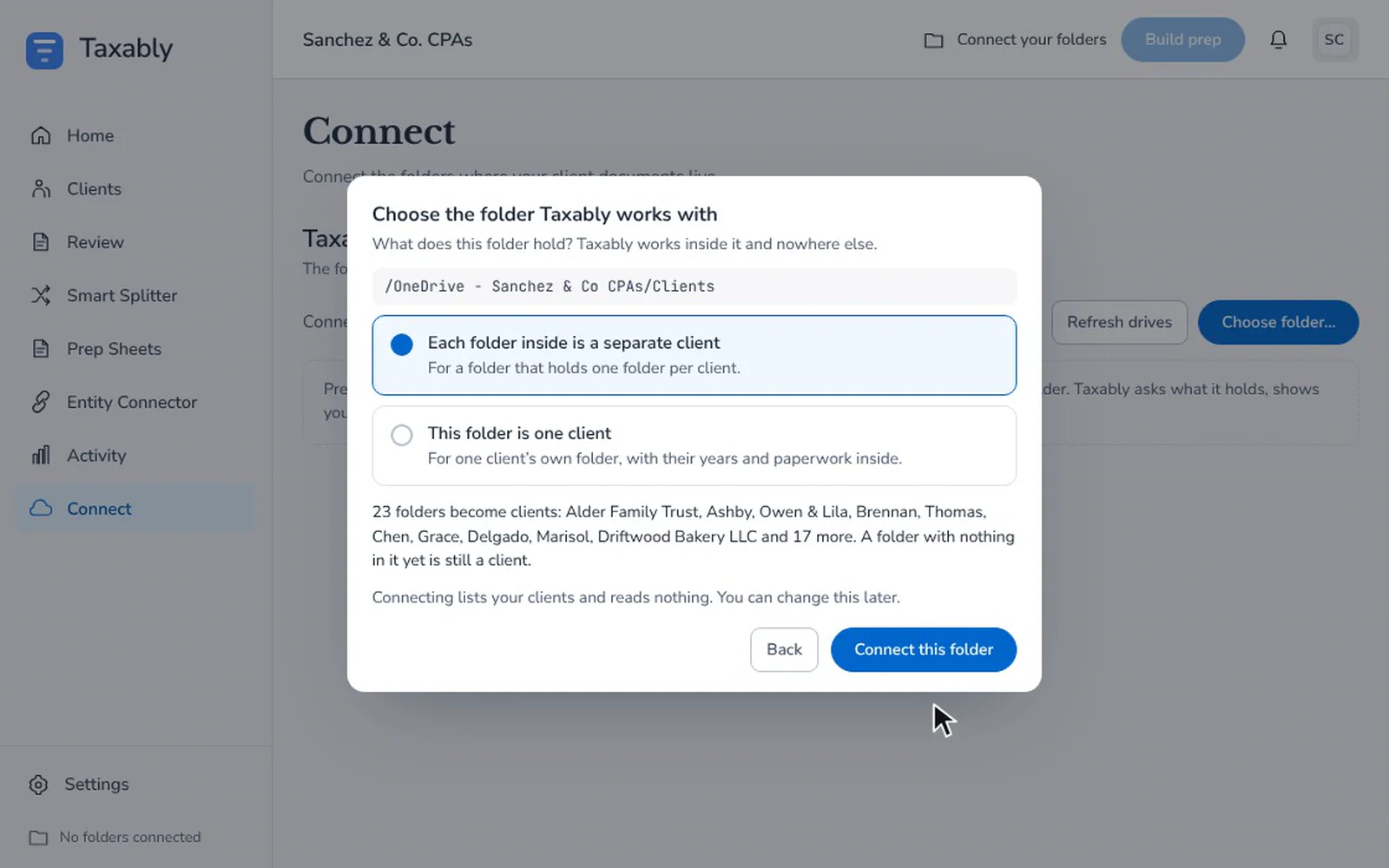 Connecting the firm's client folder in Taxably Connect: choosing the Clients folder, saying each folder inside is a separate client, and the 23 clients it will list.