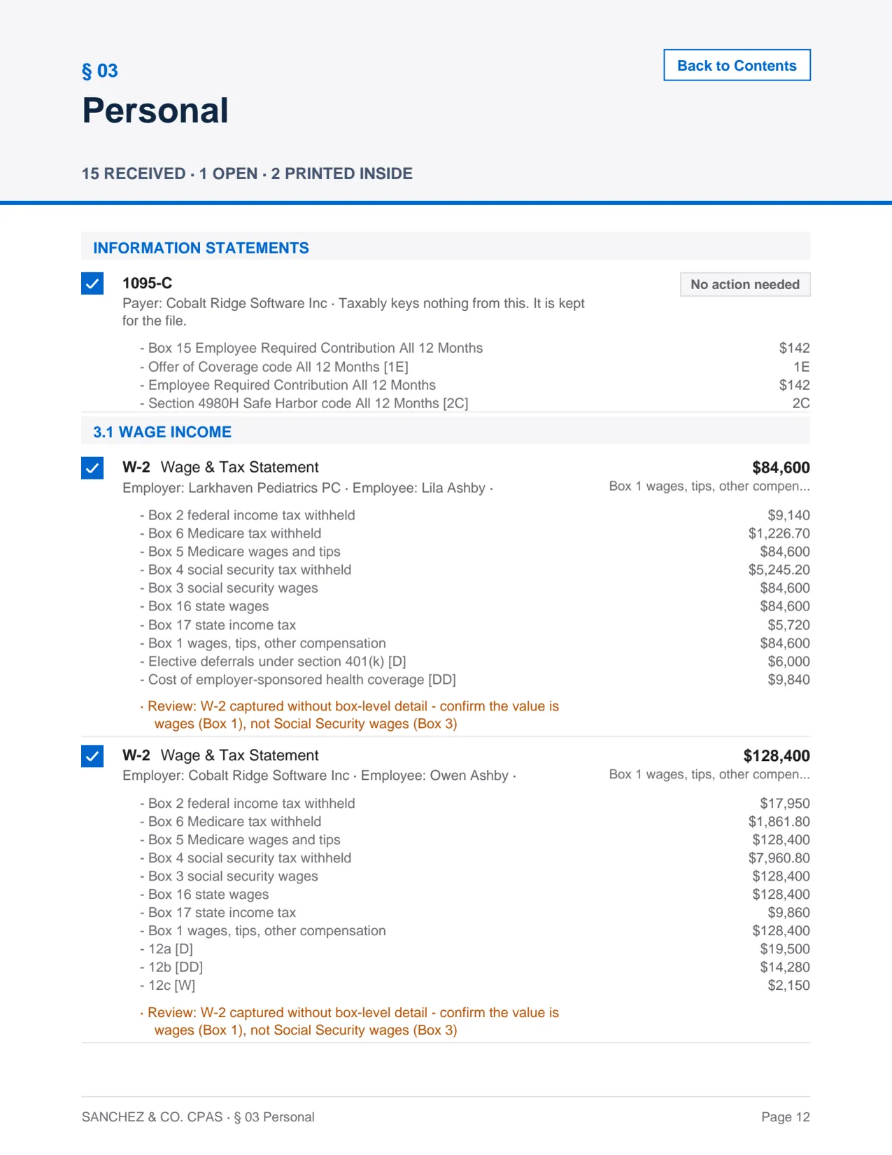 Section divider in a Taxably prep sheet: § 03 Personal, 15 documents received and 1 open, with a 1095-C and two W-2s listed with every box read from each.